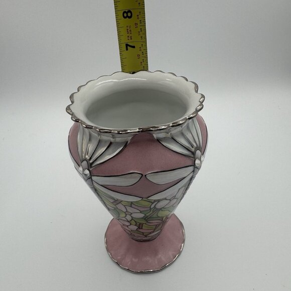 VTG Louis Tiffany Bradford Exchange Glittering Dragonflies Porcelain Vase Pink - Picture 8 of 9